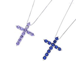 Chains 925 Sterling Silver Classic Girl Boy Jewelry Slim Box Chain Purple Blue Cubic Zirconia CZ Cross Pendant Necklace