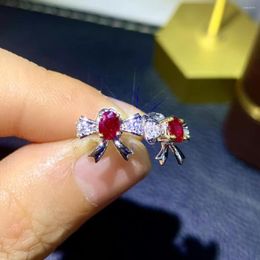 Stud Earrings Fine Jewelry 925 Pure Silver Chinese Style Natural Ruby Girl Luxury Exquisite Fresh Bowknot Gemstone Ear Support D