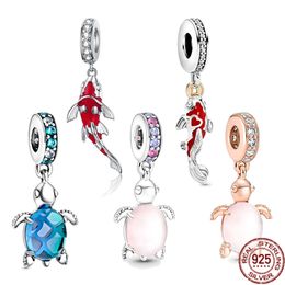 925 Sterling Silver Good Fortune Carp Fish Glass Sea Turtle Dangle Charm Beads Fit Original Pandora Bracelet Fine Jewelry Gift