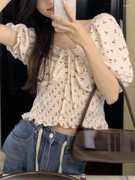 Women's Blouses 2023 Summer French Floral Blouse Women Slim Party Y2k Crop Top Office Lady Casual Outwear Short Sleeve Shirt Korean Fashion