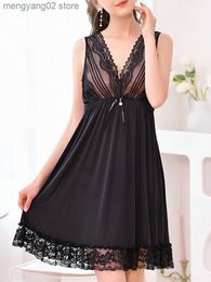 Sexy Pyjamas Sexy Lace V Neck Nightdress Women Nightwear Temptation Silk Patchwork Thin Mesh Nightgowns Female Sleepwear Mini Sleeping Dress T230529