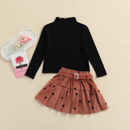 Clothing Sets Fashion Girls Autumn Clothes 2Pcs Black Long Sleeve Turtleneck Ribbed Tops Heart Print Pleated Skirt Outfits For 2-7Years