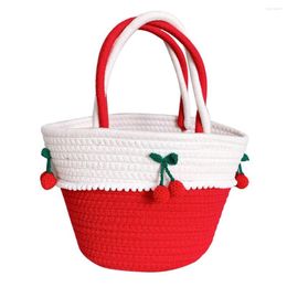 Storage Bags Nordic Style Cute Cartoon Cherry Shaped Cotton Rope Handmade Knitted Women Outdoor Travel Beach Straw Sundries Handbag