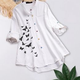 Women's Blouses Women Spring Top Butterflies Print Cardigan Mid Length Stand Collar Dress-up Casual Long Sleeves Blouse Clothes Wholesale