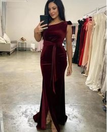 Party Dresses Velvet Mermaid Side Split Long Prom With Sash One Shoulder Simple Evening Women Formal Occasion Wear