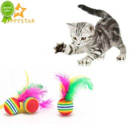 New 1PC Funny Balls Cat Toy Feather Striped Rainbow Balls Toys For Cats Kitten Interactive Pet Training Toy Cat Game Supplies SJ0009