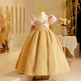 Lovely Gold Pink Flower Girl Dresses For Weddings Jewel Neck Crystal Beads Tulle Princess Girls Pageant Dress Short Sleeves Big Bow Kids Communion Gowns 403