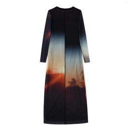 Casual Dresses Western Fashion O-Neck Long Robes Pullover Dress For Ladies Spring Sleeves Printing Harajuku Straight