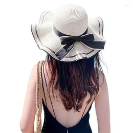 Wide Brim Hats Summer Large Wavy Straw Hat For Women's Fashion Sunscreen Bow Decor Casual Elegant Ladies' Beach Sunhat