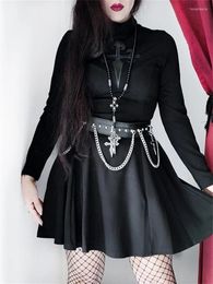 Casual Dresses 2023 Vintage Grunge Punk Cross Embroidery Dress Y2K Gothic Aesthetic Long Sleeve Turtleneck Mini Women Elegant