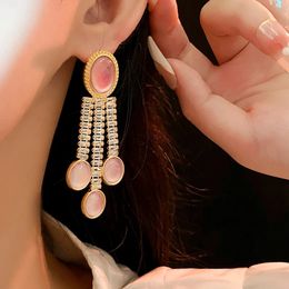 Shinning Zirconia Pink Resin Tassel Long Drop Earrings For Women Personality New Pendientes
