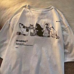 T-shirt Biggorange Harajuku cartoon cute cat print Oneck shortsleeved Tshirt womens Japanese couple y2k tops aesthetic clothes women