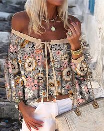 Women's Blouses Summer Women Fashion Plus Size Blouse Casual Loose Shirts Clothing Long Sleeve Vintage Floral Print Off Shoulder Frill Hem