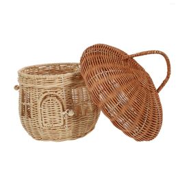 Storage Bottles Rattan Woven Basket Lid Hand- Foraging Kids Snack Container Fruit Vegetable Box Hanging Wicker Toy Wastebasket