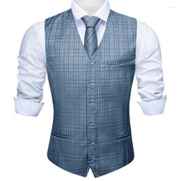 Men's Vests Silk Mens Vest Blue Plaid Pink Black Brown V-Neck Waistcoat Tie Handkerchief Cufflinks Set Wedding Business Barry.Wang