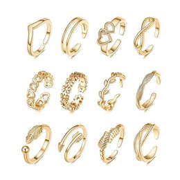 Band Rings 12pcs Adjustable Toe Rings For Women Girls Simple Beach Open Toe Ring Set Cute Arrow Heart Feather Summer Toe Ring Foot Jewellery AA230529