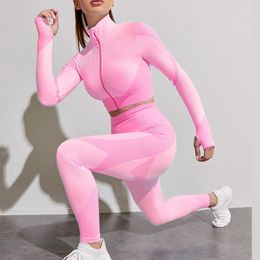 Yoga Outfit Women Tracksuit Outfits Yoga Set Fitness High Waist Leggings Gym Zipper Running Fitness Sport Gym Set Long Sleeve Yoga Clothing 230526