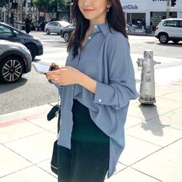 Women's Blouses Autumn Vintage Plus Size Chiffon Blouse Women 2023 Korean Long Sleeve Shirts Blue Button Cardigan Womens Tops 11398