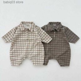 Rompers 0-3y Kids Toddler Boys Fashion Plaid Turn-down Collar Romper Loose Polo Jumpsuit Infant Newborn Thin Cotton Crawlwear One Piece T230529