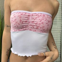 Women's Tanks Sweet Girl Y2K Retro Strapless Camis Cutest Lace Trim Bandeau Tube Tops Floral Print Chest Wrap Off Shoulder Backless Crop