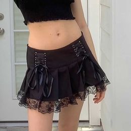 Skirts Lacergot Y2K Pleated Leather Women's Punk Style Dark Academic Aesthetics Retro 90s Street Black Dance miniskirt P230529