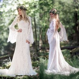 Chic Boho Mermaid Wedding Dress 2023 Crochet Lace Civil Bohemain Outdoor Country Bridal Dress Backless Long Sleeve Korean Bride robe mariee Femme vestido de noiva