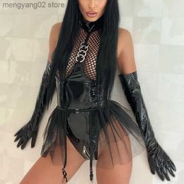 Sexy Set Sexy Jumpsuits Black Leather Porn Body Women Crotch Zipper Fishnet Latex Bodysuit Ruffle Garters Halter Sexy Come Sissy T230530