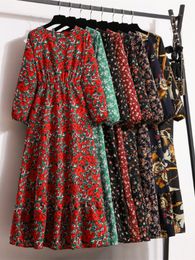 Ethnic Clothing Autumn Spring Chiffon Dresses Female Full Sleeve Vintage Printed Floral Casual Muslim Long Dress Women Maxi Dresses Vestidoes 230530