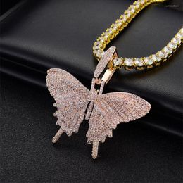 Pendant Necklaces Shiny Colorful Cubic Zirconia Butterfly Necklace Iced Out Pink Blue Red CZ Stones Charms Hip Hop Rapper Jewelry Gifts