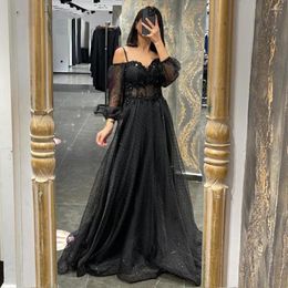 Party Dresses Vinca Sunny Black Prom 2023 Polka Dot Spaghetti Strap A-Line Evening Gown For Wedding Arabic Celebrity Graduation