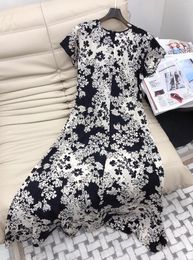 Casual Dresses 2023 Women Fashion Short Sleeve Crewneck Black And White Print Waist Dress 0520