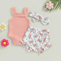 Clothing Sets Newborn Baby Girls Summer Knitted Sleeveless BodysuitsandRainbow Print Ruffles ShortsandHeadband Outfits
