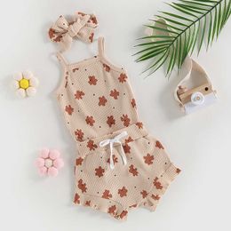 Clothing Sets Infant Baby Girls Summer Clothes Floral Print Sleeveless Knitted Romper Elastic Waist Shorts Headband 2pcs