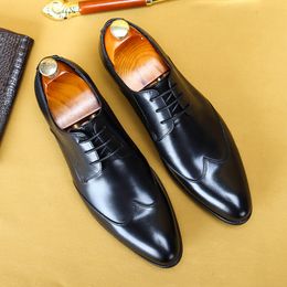 Black Burgundy Italian Mens Dress Shoes Genuine Leather Lace Up oxfords Men Wedding Shoes Party Formal Brogue Shoes For Men