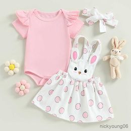Clothing Sets Summer Easter Infant Baby Girls Clothes Set Solid Colour Short Sleeve Romper Rabbit Straps Skirts Overalls Headband