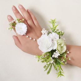 Charm Bracelets Rose Girls Bridesmaid Flowers Wrist Faux Pearl Bracelet For Women Wedding Corsage