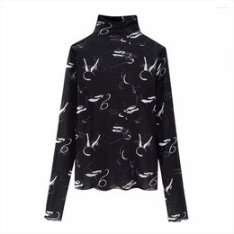 Women's Blouses Spring 2023 Women's Fashion Printed Silk Top Retro Casual Half High Neck Cut-out Sexy Tight Long Sleeve