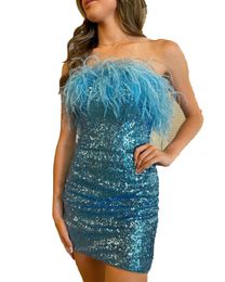 Short Cocktail Hoco Dress 2k23 Vintage Blue Sequin Feathers Lady Formal Party Gown Strapless Club Night Out Graduation Homecoming Gala NYE Interview Fun Fashion