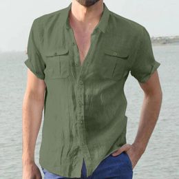 Men's Casual Shirts 2023 Summer Men's Short Sleeve Shirt Linen Tshirt Solid Color Often Double Pocket Loose Man Fashion Beach Tops