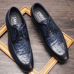 Ostrich Pattern Mens Dress Shoes Genuine Leather Mens Luxury Wedding oxford Shoe Black Blue Lace Up Square Toe Formal Shoes Men