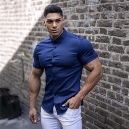 Men's Casual Shirts Muscle Men's Fitness Short-sleeved Lapel Shirt Elastic Thin Solid Colour Sports Cardigan Business No-iron Trend