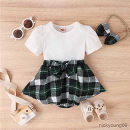 Clothing Sets Newborn Baby Girls Set Short Sleeve Crew Neck Plaid Patchwork A-line Romper Jumpsuit with Bowknot Headband