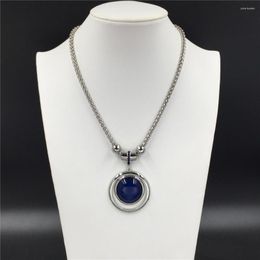 Pendant Necklaces Bohemia Rhodium Colour Plating Navy Blue Stone Round Necklace For Women Girl Sweater Decoration Jewellery