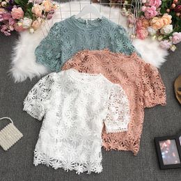 Polos New 2022 Summer Women Polo Shirt Short Sleeve Fashion Vintage Lace Hollowed Out Oneck French Crochet Crop Top Shirts Female