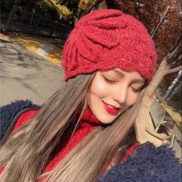 Berets Warm Winter Women Beret Knitted Baggy Beanie Hat Multicolor Ski Cap Solid Color Korean Style Big Buds Twist Ball