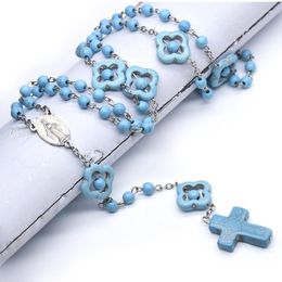 Chains 6mm Turquoise Beaded Cross Pendant Rosary Necklace Fashion Geometric Catholic Religious Jewellery