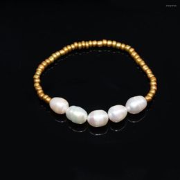 Charm Bracelets 2023 Arrival Simple Beaded Bracelet Gold Colour Glass Beads Real Freshwater Pearl Elastic For Women Accessories