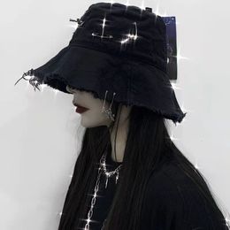Wide Brim Hats Bucket Hats Black Harajuku Mall Goth Hat Women Men Girl Punk Emo Dark Academic Aesthetic Cross Brim Caps Fairy Grunge Hat Bucket Alternative 230529