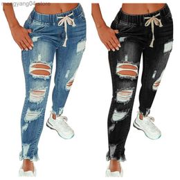 Women's Jeans 2022 Hot Sale Women Ripped Elastic Waist Jeans Fashion Slim High Stretch Denim Pencil Pants Large Size Trousers S-5XL Drop Ship T230530