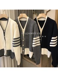 Cardigans Women Autumn Winter Contrast Colour Fashion Cardigan Sweater Loose Long Sleeve Design Simple Design Vneck Knitwear Korean Style